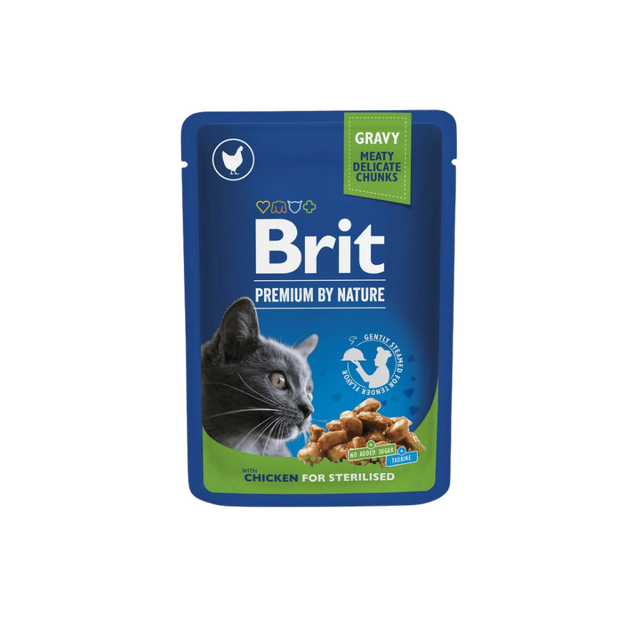 Brit Premium Pako për Maca Me Copëza Pule për Maca Sterilizuar 100 g
