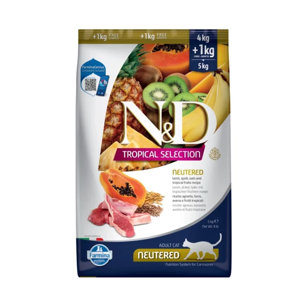 N&D Zgjedhja Tropikale Me Mish Qengji dhe Fruta Tropikale për Macet e Sterilizuara 4kg + 1kg DHURATË!