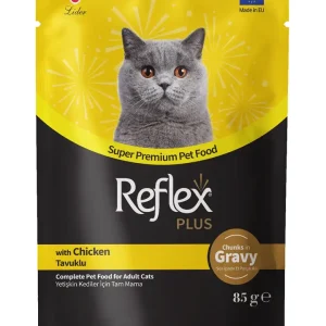 Reflex Plus Sos Në Brendësi me Pjesë Mishi Pula për Macet e Rritura 85g