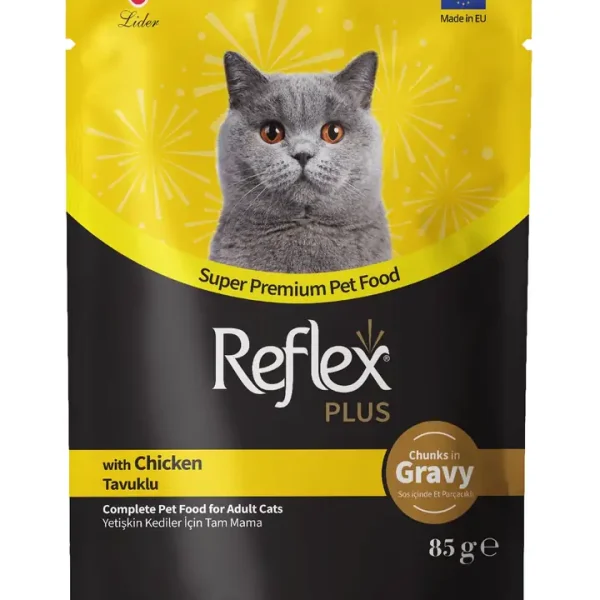 Reflex Plus Sos Në Brendësi me Pjesë Mishi Pula për Macet e Rritura 85g
