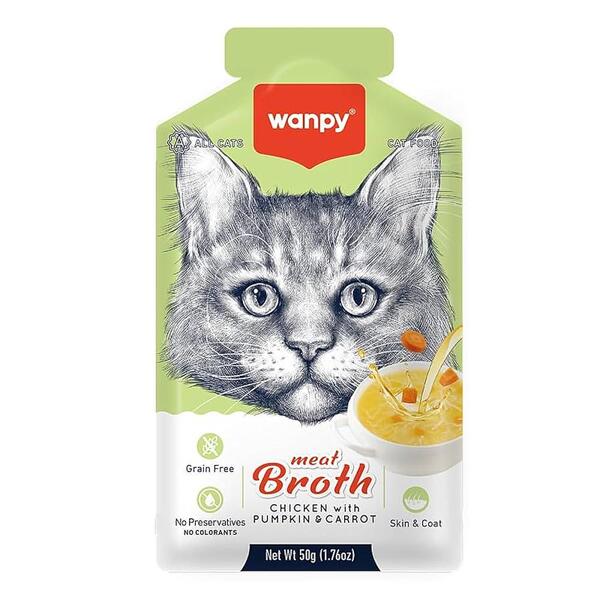 Wanpy Broth Mishi Pulë me Kungull & Karotë për Macen 50g