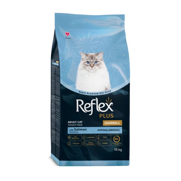 Reflex Plus Hairball&Indoor Mëngjesi me Salmon për Macet e Rritura 15kg