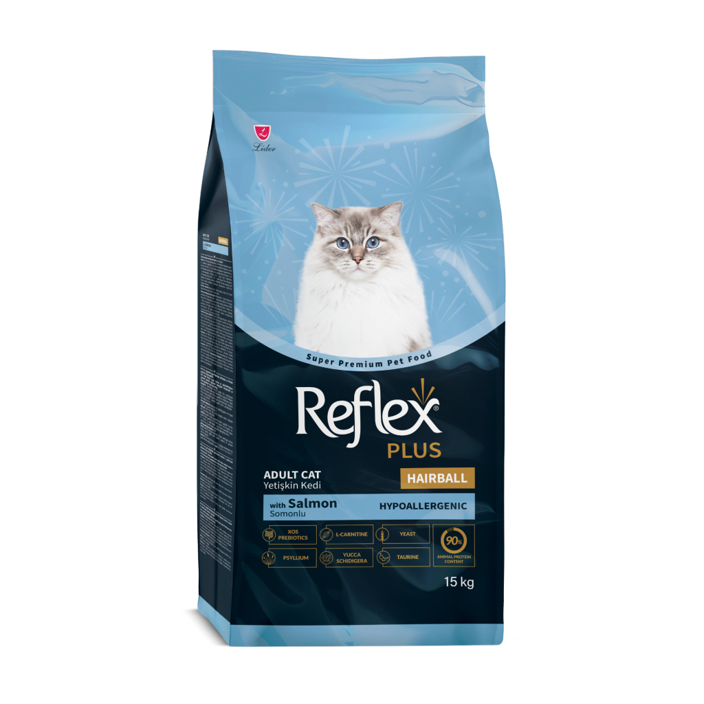 Reflex Plus Hairball&Indoor Mëngjesi me Salmon për Macet e Rritura 15kg