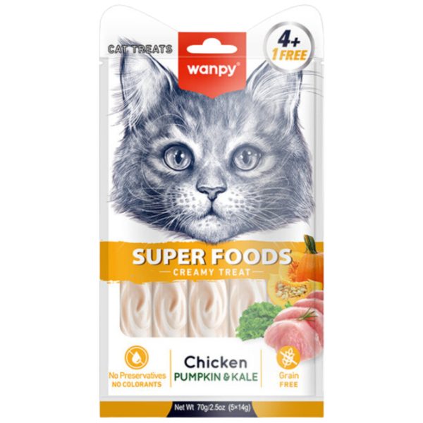 Wanpy Super Foods Kremë Shpërblimi për Macet me Pjeshkë dhe Lakër të Zezë 14gr (5'li)