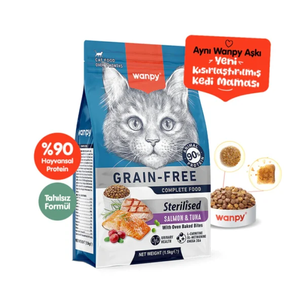 Wanpy Mëngjesi me Salmon dhe Ton Peshku pa Grurë për Macet e Sterilizuara 1,5kg