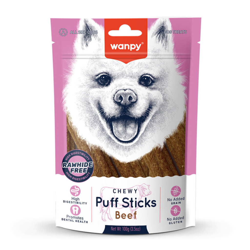 Wanpy Chewy Puff Sticks Pa Grurë me Mish Qengji për Qentë 100gr