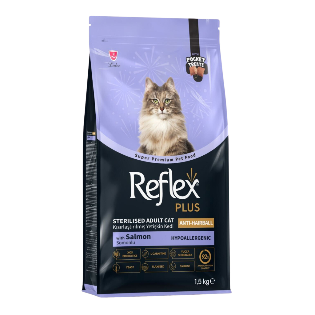 Reflex Plus Hipoalergjik Anti-Hairball me Salmon për Macet e Rritura të Sterilizuara 1,5kg