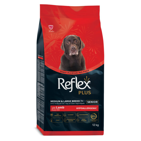 Reflex Plus Hipoalergjik për Qentë e Moshës 7+ me Mish Qengji për Racat e Mesme dhe të Mëdha 12kg