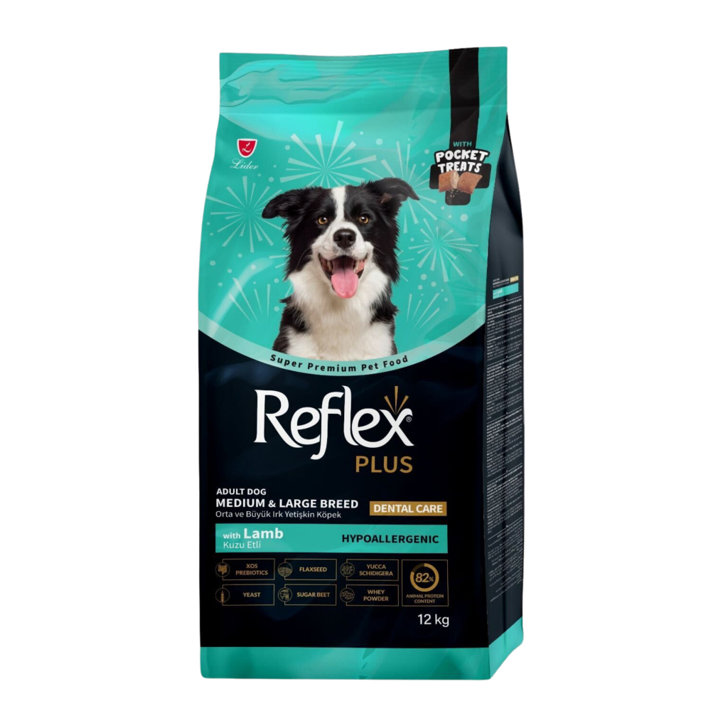 Reflex Plus Hipoalergjik Kujdesi Dentar Qengji me Mish për Qentë e Rritur të Racave të Mesme dhe të Mëdha 12kg