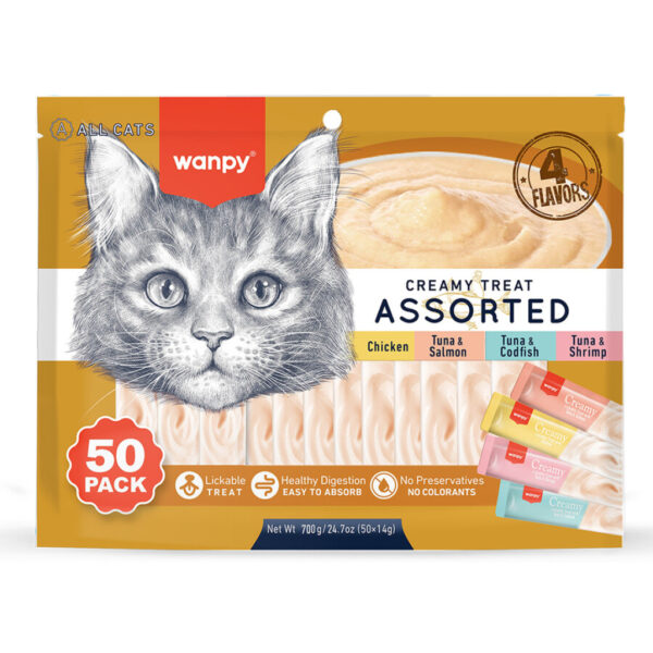 Wanpy Krema Kedi Shpërblim Mëngjesi 14gr (50 Copë) (Lloje të Ndryshme)