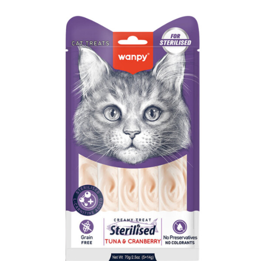 Wanpy Krema Shpërblimi me Peshk Ton dhe Mjedra për Macet e Sterilizuara 14gr (5-cope)